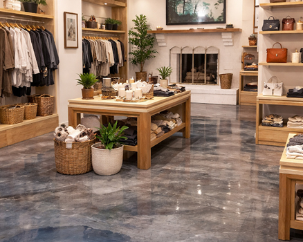 Retail store flooring with durable coating system applied