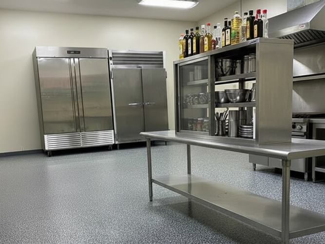 Commercial kitchen floor with durable coating system installed